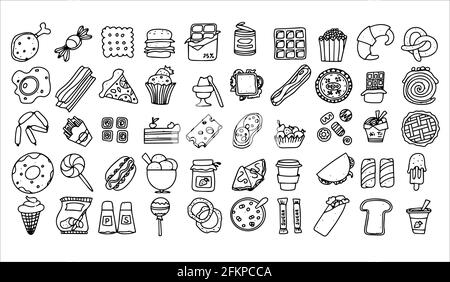 Doodle Food Set mit 50 verschiedenen Fast-Food-Produkten. Handgezeichnete Süßigkeiten, Desserts, Snacks, Popcorn, amerikanische Speisen und englisches Frühstück. Ein großer Satz von Stock Vektor