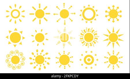 Set mit flachem Sonnensymbol für Wetterdesign. Sommer-Symbol für Web-Button, mobile App, Website-Design auf weißem Hintergrund. Für Kinder Grußkarte. Stock Vektor