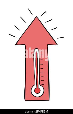 Cartoon Vektordarstellung von Thermometer, hoher Lufttemperatur und Pfeil nach oben. Stock Vektor