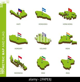 Set von 9 isometrischen Karten und Flaggen, 3D-Vektor isometrische Form von Haiti, Honduras, Hongkong, Ungarn, Island, Indien, Indonesien, Iran, Irak Stock Vektor