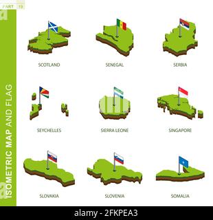 Set von 9 isometrischen Karten und Flaggen, 3D-Vektor isometrische Form von Schottland, Senegal, Serbien, Seychellen, Sierra Leone, Singapur, Slowakei, Slowenien, Soma Stock Vektor