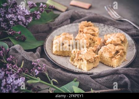 Stücke von Rhabarber zerbröseln Kuchen auf einem Teller auf einem grauen Hintergrund, mit Fliederblumen verziert Stockfoto