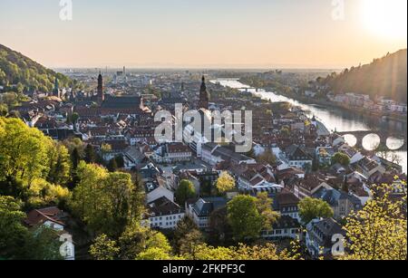 Heidelberger Panorama mit Altstadt, alter Brücke und Neckar an einem sonnigen Frühlingsabend Stockfoto