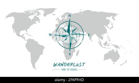 Weltkarte mit Kompass Windrose Fernweh Reisen Stock Vektor
