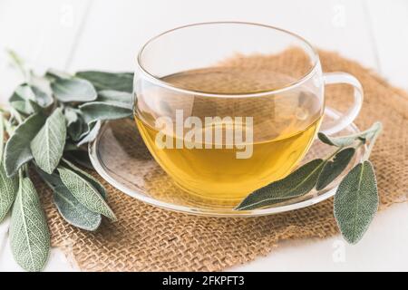 Glasbecher mit Salbei-Tee und Salbeiblättern auf Jute Und weißes Holz Stockfoto