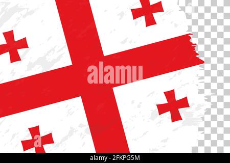 Horizontale abstrakte Grunge gebürstete Flagge Georgiens auf transparentem Gitter. Vektorvorlage. Stock Vektor