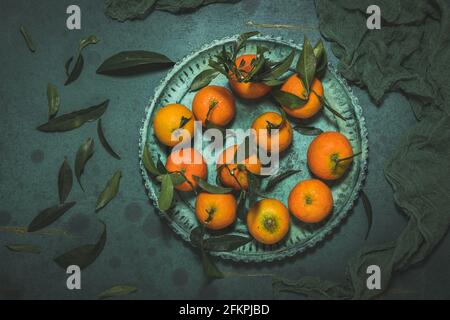 Mandarinen mit Blättern auf grüner Platte auf grünem Hintergrund, Draufsicht Stockfoto