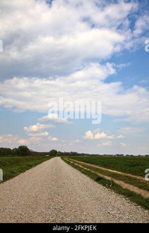 Die Straße wird von einem gepflügten Feld in der italienischen Landschaft begrenzt Stockfoto