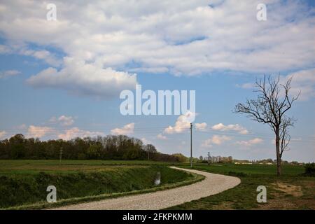 Die Straße wird von einem gepflügten Feld in der italienischen Landschaft begrenzt Stockfoto