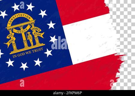 Horizontale abstrakte Grunge gebürstete Flagge Georgiens auf transparentem Gitter. Vektorvorlage. Stock Vektor