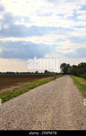 Die Straße wird von einem gepflügten Feld in der italienischen Landschaft begrenzt Stockfoto