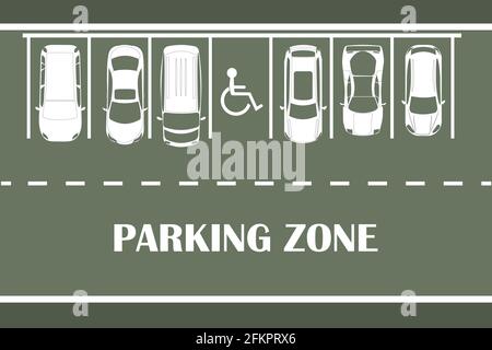 Parkplatzbanner. Parkdesign auf grünem Hintergrund. Weiße Autos Silhouette Draufsicht. Viele Autos parkten. Parkzone Poster. Straße mit Outdoor au Stock Vektor