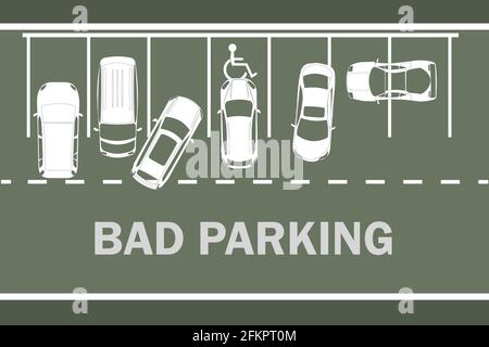 Parkplatz mit schlecht geparkten Autos. Infografik zu richtigen und falschen Parkplatzbeispielen. Weiße Silhouetten Autos Draufsicht. Regeln der Straße.Vektor-Illustration Stock Vektor