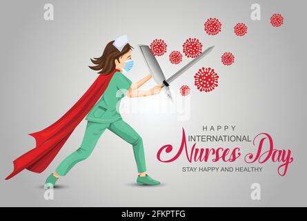 Happy Nurse day. Kampf mit Coronavirus-Pandemie oder Coronavirus-Krankheit 2021 COVID-19. Information über Selbstschutzmaßnahmen, Behandlung A Stock Vektor