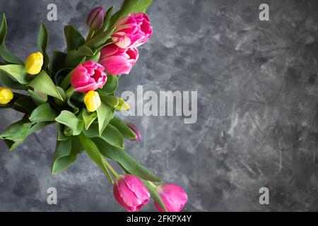 Bouquet von rosa und gelben Tulpen Blumen von oben geschossen Auf grauem Hintergrund mit Kopierbereich Stockfoto