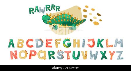 Cartoon niedlichen Dinosaurier Alphabet. Dino Schrift mit Buchstaben. Kinder Vektor-Illustration für T-Shirts, Karten, Poster, Geburtstagsfeiern, Papierdesign, Kinder- und Kinderzimmer-Design Stock Vektor