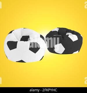 Zwei schwarz-weiße Sessel in Form eines Fußballs auf gelbem Hintergrund. 3d-Rendering Stockfoto