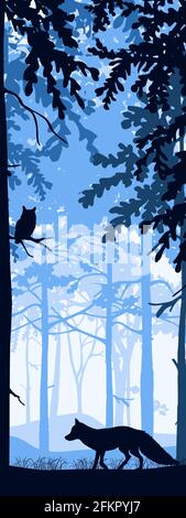 Vertikales Banner der Waldlandschaft. Fuchs und Eule im magischen Nebelwald. Silhouetten von Bäumen und Tieren. Blauer, schwarzer Hintergrund, Illustration. Bookma Stock Vektor