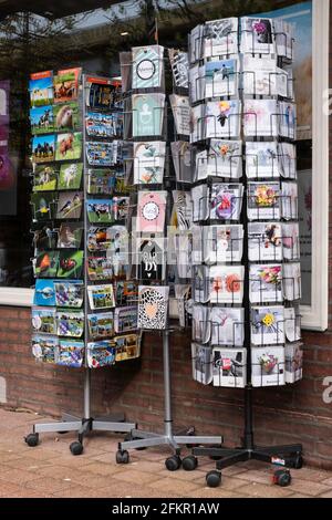 Drehbare Displays mit bunten Postkarten, teilweise mit friesischem Text, befinden sich auf einer Straße vor einem Souvenirladen in den Niederlanden Stockfoto