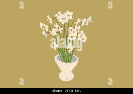 Ein Bouquet aus weißen Narzissen in weißer Vase auf Basis der kenzan-Technik. Vektorgrafik im flachen Stil. Konzept für Frühlingsstimmung. Stock Vektor