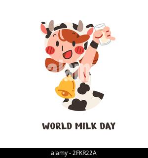 Let 's trinken Milch mit schönen Kuh Mädchen Maskottchen flache Vektor-Illustration. Nationl Milk Day. Eine fröhliche Kuhfrau feiert und genießt das Trinken eines Glases o Stock Vektor