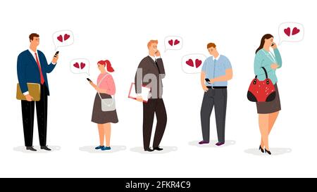 Liebe aus der Ferne. Flache Cartoon-Figuren mit Smartphones. Erwachsene kommunizieren telefonisch. Männer und Frauen in Liebe Vektor-Set Stock Vektor