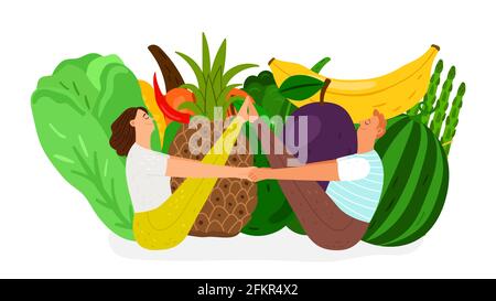 Frische Ernährung. Veganer Lebensstil, Paar macht Yoga-Übungen. Gemüse und Obst, Mann und Frau, Gesundheit Bio-Lebensmittel-Vektor-Illustration Stock Vektor