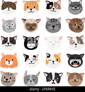 Lustige Katzen sehen sich Etionen an. Nette lustige Katzenfiguren Gesichter, Tiere emtion Set, glücklich und wütend, traurig und hochmütig Stimmung Köpfe Stock Vektor
