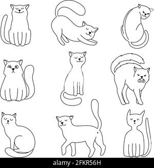 Zeichenskizze der Katze. Niedliche Kätzchen handgezeichnete Sammlung, Katzen Emotionen lustig und hungrig, glücklich und wütend Cartoon-Vektor-Illustration Cliparts Stock Vektor