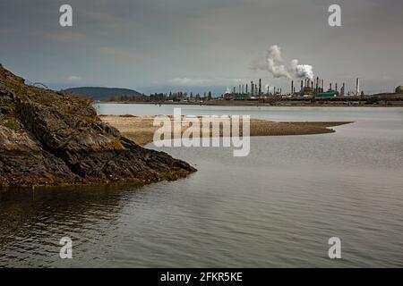 WA19574...WASHINGTON - Rauch und Dampf strömen aus einer Ölraffinerie am March Point in der Fidalgo Bay bei Anacortes. Stockfoto