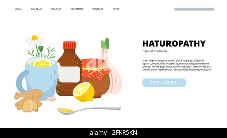 Landing Page für Naturheilkunde. Traditionelle Medizin, Homöopathie. Vektorbanner für natürliche Behandlung Stock Vektor