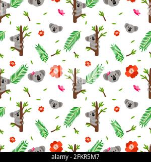 Koala-Muster. Australischer Tierhintergrund. Wild Koala Bär und Blätter Vektor nahtlose Textur Stock Vektor