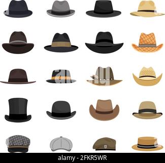 Verschiedene männliche Hüte. Mode und Vintage Mann Hut Kollektion Vektor Bild, Derby und Melone, Cowboy und Spitzenmütze, tiroler und Sommer Strohhut, Militär Baskenmütze Stock Vektor