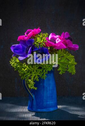 Leuchtend rosa und blaue Anemonblüten in einer Vase gespickt Mit Sonnenschein Konzept des Glücks und Sommerferien gedreht für Platz zum Kopieren ideal Poster für Stockfoto