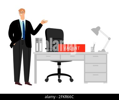 Offene Stelle. Arbeitsplatz und lächelnder HR-Manager. Geschäftsmann auf der Suche nach Mitarbeitern, vakanten Ort Vektorgrafik Stock Vektor