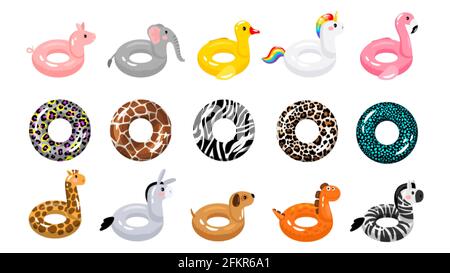 Schwimmringe. Tierischer und klassischer Gummiring zum Schwimmen. Sommer Meer Ozean Zubehör, Strand Urlaub Elemente Vektor-Set Stock Vektor