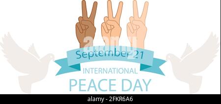 Friedenstag-Poster. Internationale Hände Geste, Menschlichkeit und gutherzig. Tauben oder Tauben mit Band. Vektorhintergrund Stock Vektor