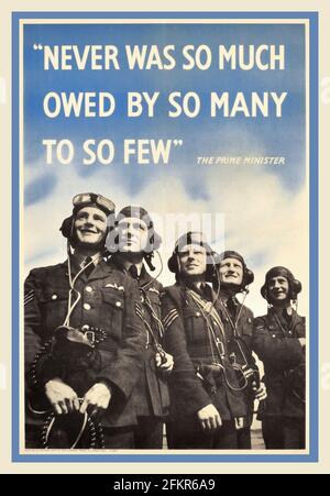 Battle of Britain Vintage-Poster RAF 1940's British Vintage WW2 RAF Royal Air Force Propagandaplakat - mit dem berühmten Zitat von Premierminister Winston Churchill. "NOCH NIE WAR SO VIEL ZU VIEL SCHULDEN VON SO VIELEN BIS SO WENIGEN." Stockfoto