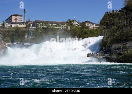 Touristen bewundern Wasserfälle auf dem Rhein. Stockfoto