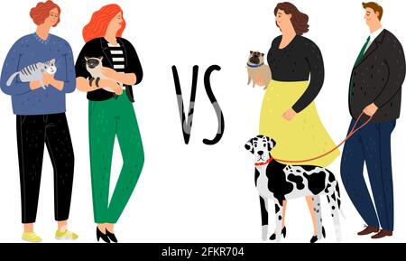 Besitzer Tiere. Katzen versus Hunde. Wahl Haustier, Mädchen männlich mit Kätzchen und Welpen Vektor-Illustration Stock Vektor