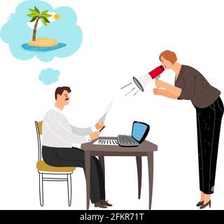 Manager träumt vom Strand. Büroangestellte halten Ruhe, wenn Dame Chef schreit. Vektorgrafik „Urlaubsträume“ Stock Vektor