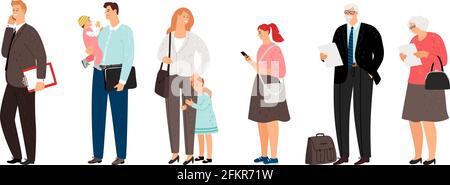 Menschen unterschiedlichen Alters. Eltern mit Kindern, ältere Männer und Frauen, Teenager. Isolierte Personen in Waitline-Vektorzeichen Stock Vektor