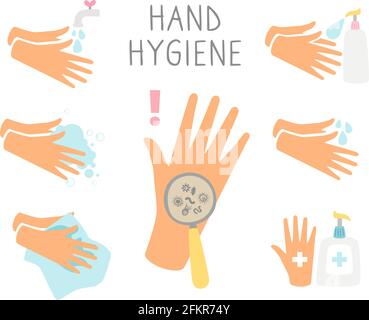 Persönliche tägliche Hygiene. Waschen Sie sich die Hände mit Desinfektionsmittel. Töten Sie Viren-Coronavirus-Bakterien ab. Covid 19-Präventionsvektorsatz Stock Vektor