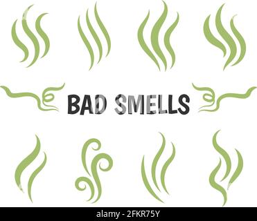 Es riecht schlecht. Symbole für isolierten Rauch, Verdampfer für Aromen. Symbole für heißes Aroma, Gestank oder Kochdampf, Geruch oder Dampf, Rauchen oder Gerüche Stock Vektor