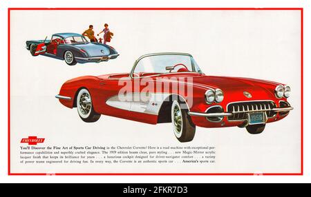 1959 Chevrolet Corvette Sports Car Presse Werbung die Chevrolet Corvette ist die 1959. Generation des von Chevrolet produzierten Corvette-Sportwagens. Es wurde Ende des Modelljahres 1953 eingeführt und bis 1962 produziert. Es wird allgemein als „solid-axle“-Generation bezeichnet, Stockfoto