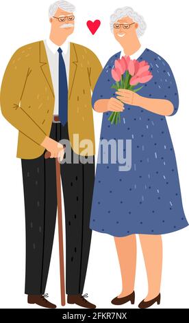 Ein älteres Paar. Glückliche Familie, alte Ehepartner. Großeltern-Figuren. Frau mit Blumen in der Liebe mit Ehemann Vektor-Illustration Stock Vektor