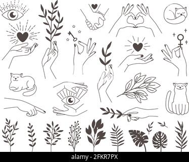 Sammlung Symbole magische Hände Tattoo. Design-Logos weibliche Vektor-Hände mit mystischen Illustrationen Herz, Schlüssel, okkultes Auge, Katze-Symbol und Set von Zweigen auf weißem Rücken Stock Vektor