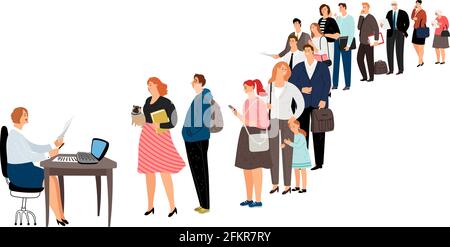 Menschen stehen in der Warteschlange. Service Center, Info Point oder Rezeption. Frau Mann ältere warten in Linie Vektor-Illustration Stock Vektor