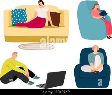 Menschen, die sich zu Hause ausruhen. Gemütliches Sofa und Sessel, Frau sitzt und liest. Mann, der eine Show oder ein Online-Training auf dem Laptop ansieht. Verschiedene flache Zeichen bei Haus Vektor-Illustration Stock Vektor