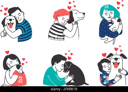 Personen- und Haustierset. Cartoon glückliche Kinder lieben, Umarmung und Streichelhunde, lächelnde Personen und schöne Begleiter mit Herzen, Kinder mit Tieren Sammlung auf weiß isoliert Stock Vektor